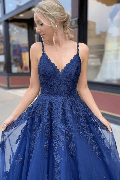 A-line Navy Blue Tulle Lace Long Prom Dress Evening Dress,AST1236