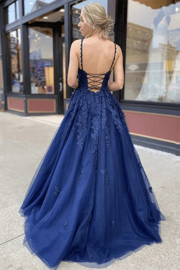 A-line Navy Blue Tulle Lace Long Prom Dress Evening Dress,AST1236