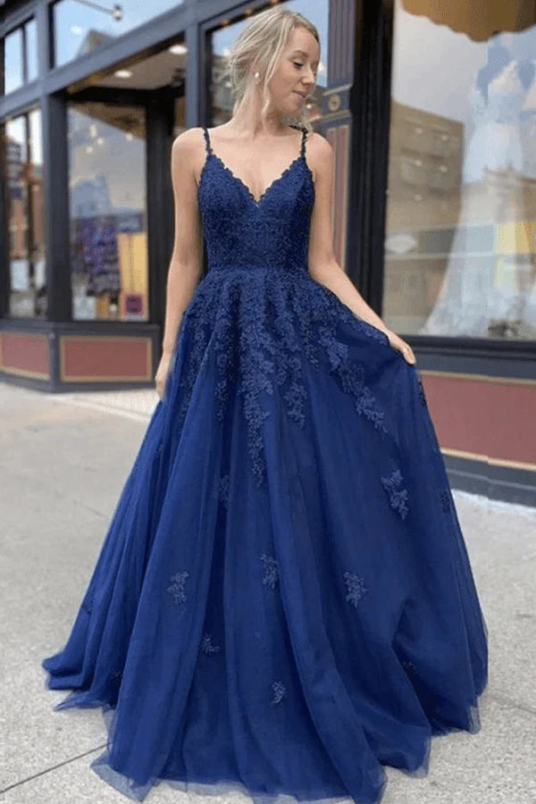 A-line Navy Blue Tulle Lace Long Prom Dress Evening Dress,AST1236