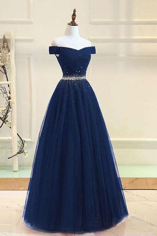 A-line Off The Shoulder Navy Blue Tulle Prom Dress With Beading,AST1290