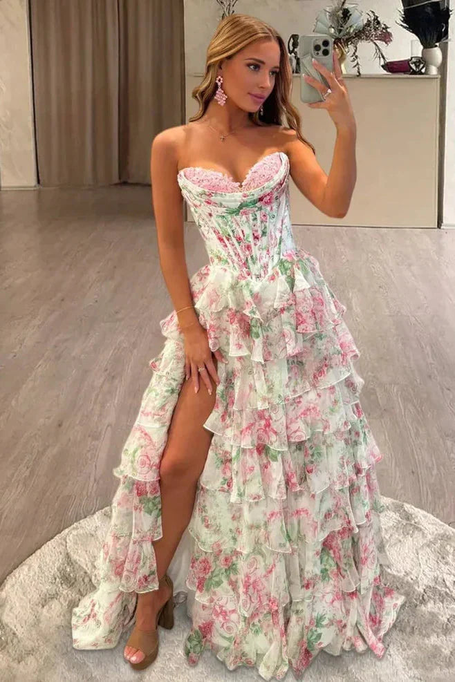 Cute A Line Sweetheart Pink Floral Chiffon Tiered Prom Dress