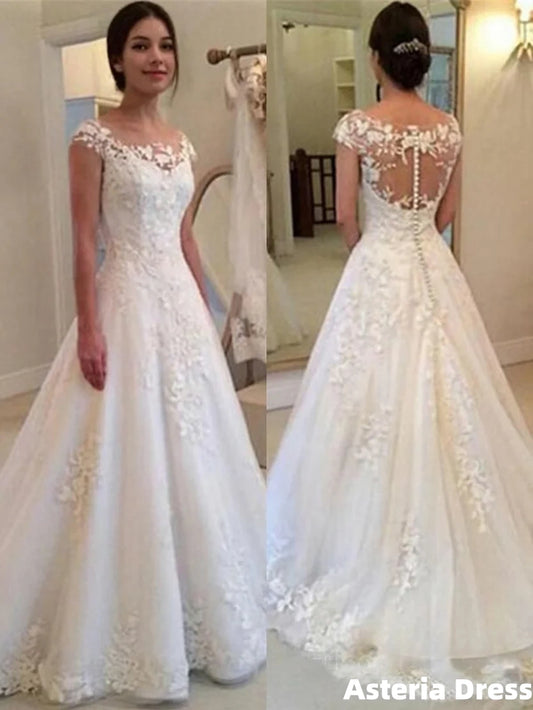 A-Line/Princess Scoop Sweep Train Tulle Wedding Dresses With Appliques Lace