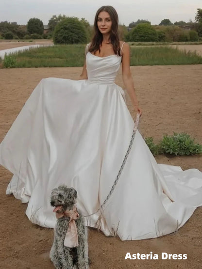 A-line/Princess Straps Court Train Satin Wedding Dress with Bow