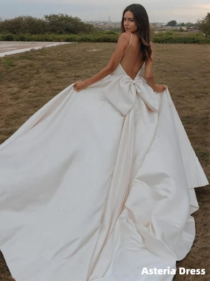 A-line/Princess Straps Court Train Satin Wedding Dress with Bow
