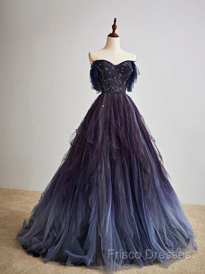 A-Line Purple Gradient Tulle Long Formal Prom Dress