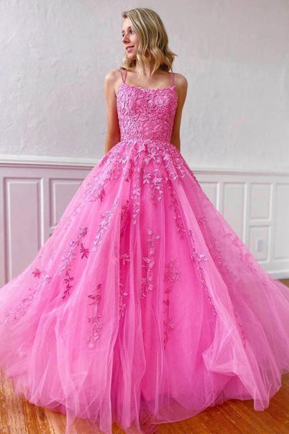 A-line Round Neck Tulle Lace Prom Dresses Formal Dresses,AST1242