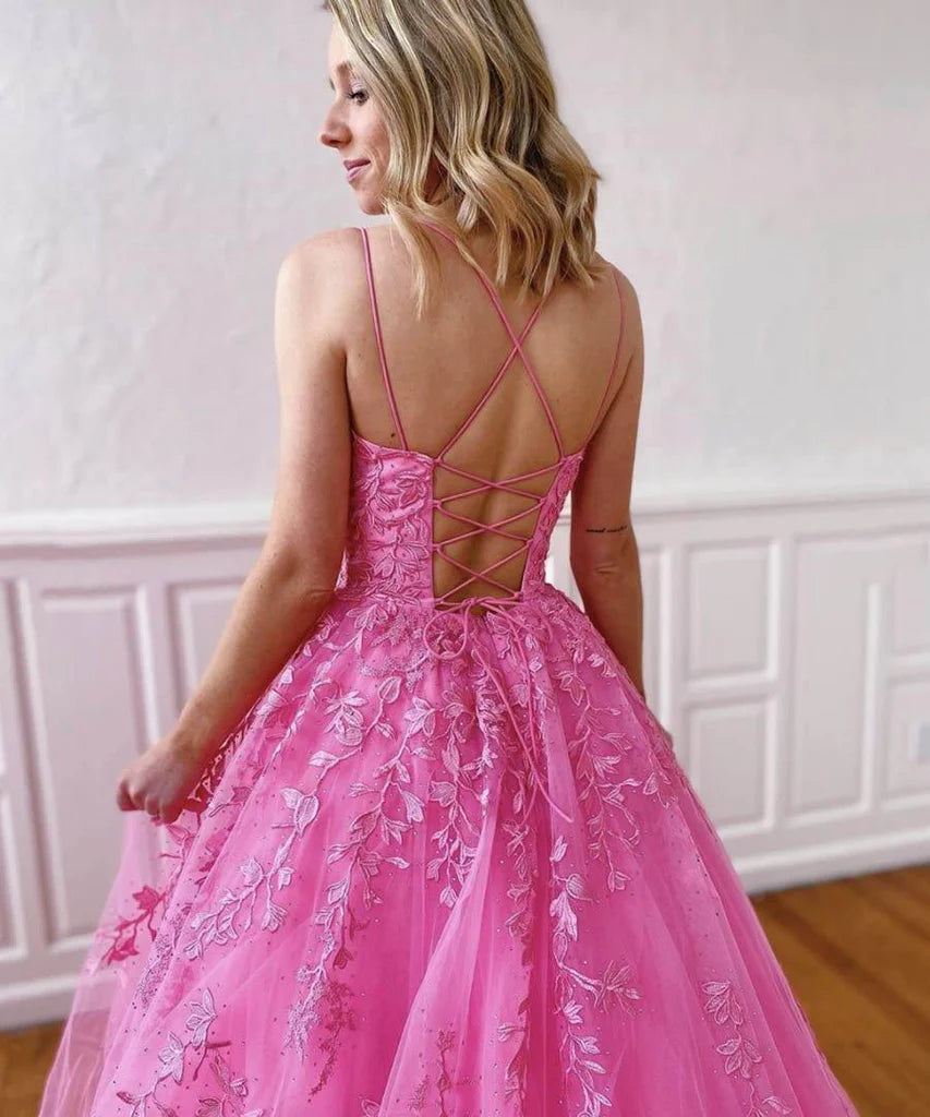 A-line Round Neck Tulle Lace Prom Dresses Formal Dresses,AST1242