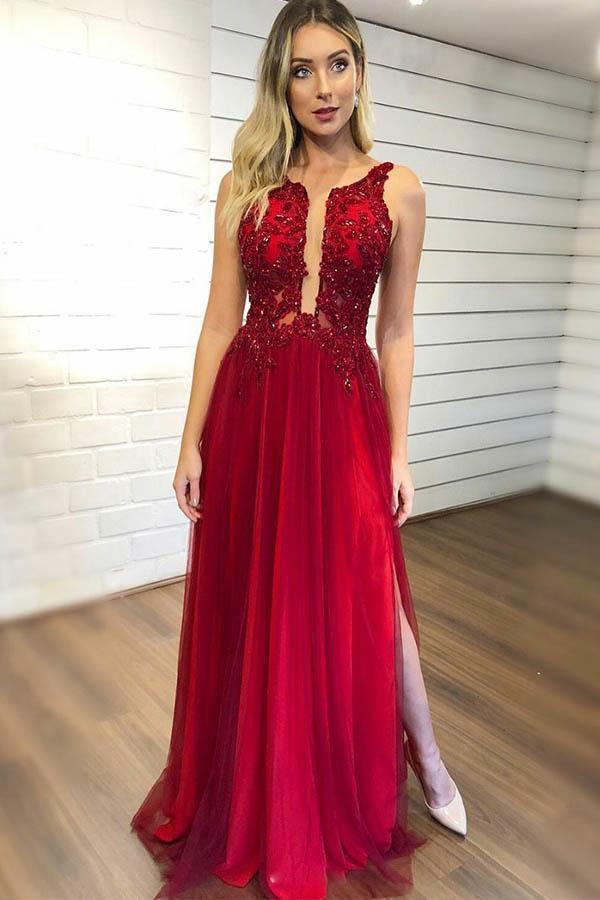 Plunging V-Neck Dark Red Beaded Tulle Prom Evening Dress With Side Slit,AST1255