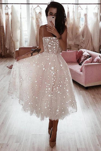 A Line Spaghetti Strap Tea Length Pearl Pink Homecoming Dress With Beading, AST1166