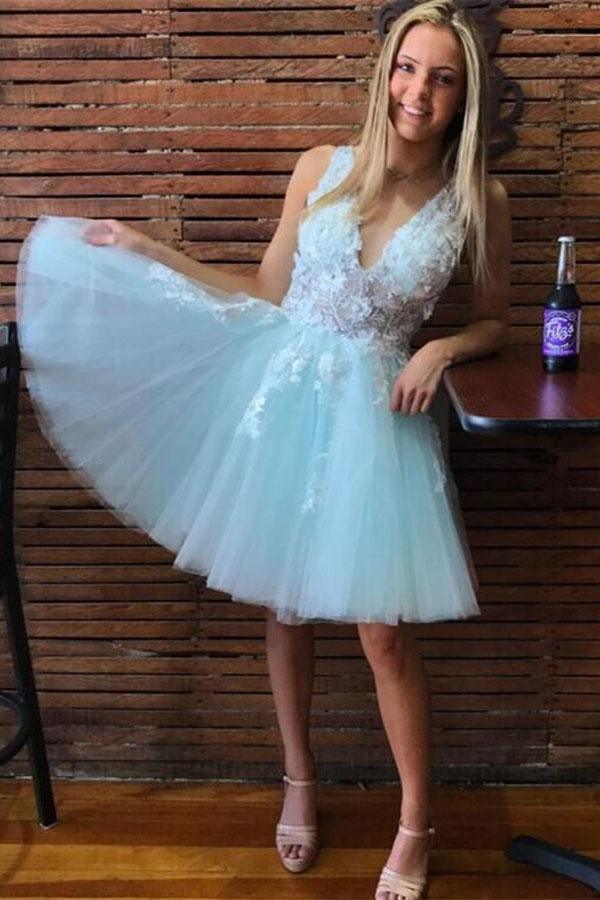 A-line V Neck Tulle Short Pink and White Homecoming Dress Short Prom Dress, AST1154