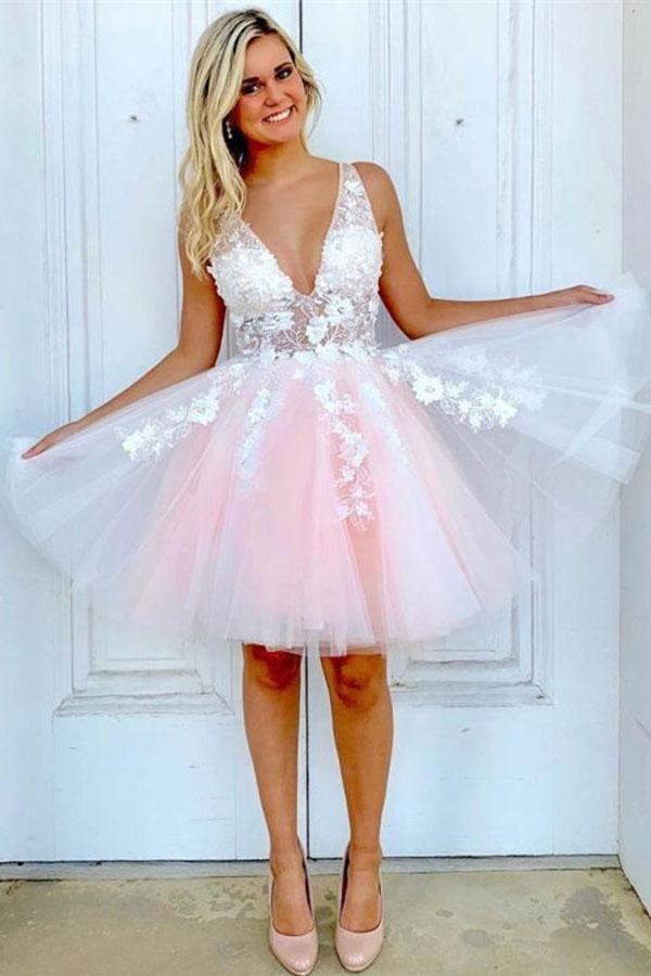 A-line V Neck Tulle Short Pink and White Homecoming Dress Short Prom Dress, AST1154