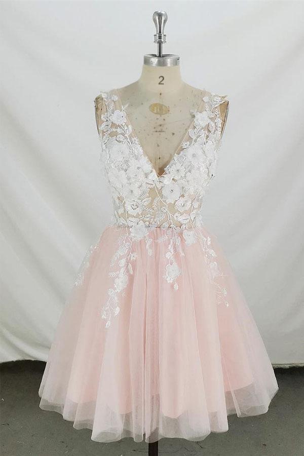 A-line V Neck Tulle Short Pink and White Homecoming Dress Short Prom Dress, AST1154