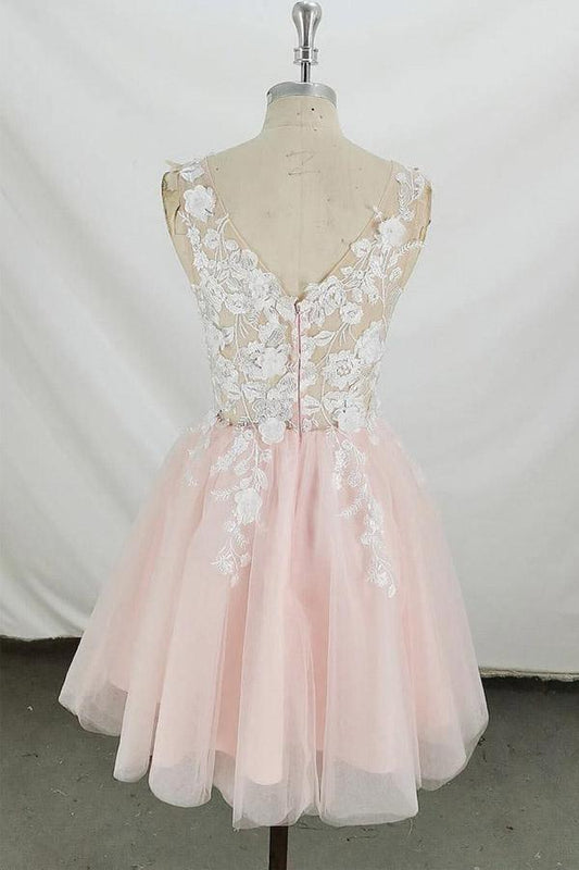 A-line V Neck Tulle Short Pink and White Homecoming Dress Short Prom Dress, AST1154