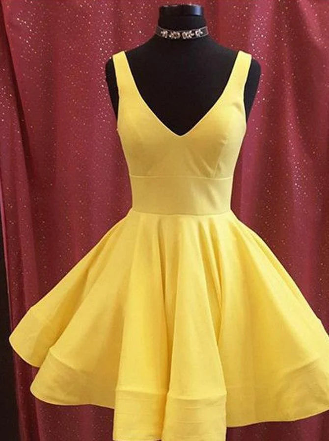 A-line Yellow Satin Short Prom Dress Homecoming Dress Short Prom Dresses, AST1178