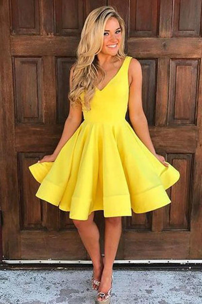 A-line Yellow Satin Short Prom Dress Homecoming Dress Short Prom Dresses, AST1178