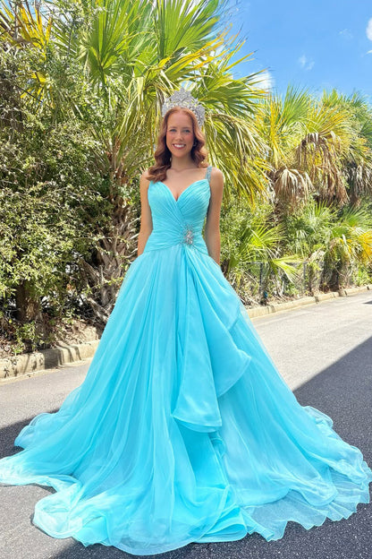 Gorgeous A Line V Neck Aqua Chiffon Long Prom Dress with Beading