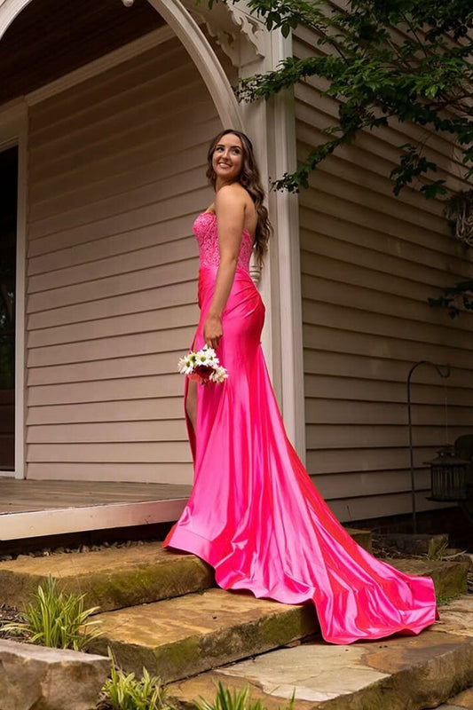 Charming Mermaid Sweetheart Pink Satin Prom Dress with Slit