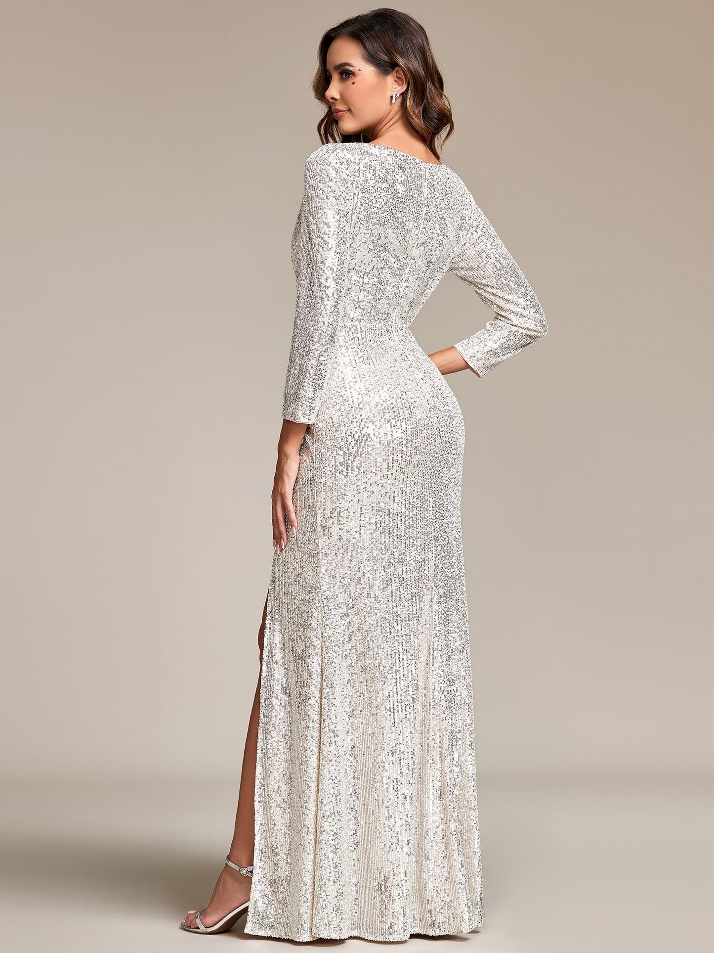 Shinning White V-Neck Prom Dress Long Sleeves Sequins with