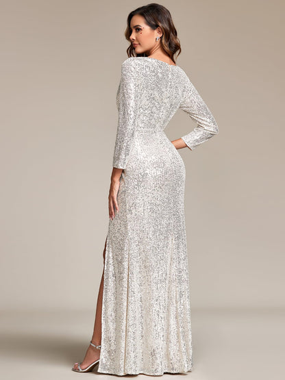 Shinning White V-Neck Prom Dress Long Sleeves Sequins with