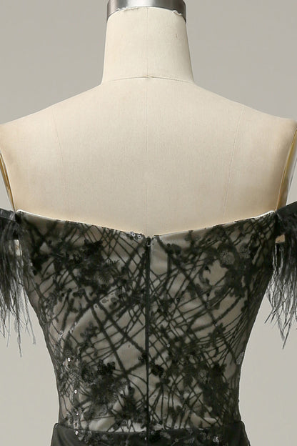 Classic Black Off-the-shoulder Feather Sequins Prom Dress