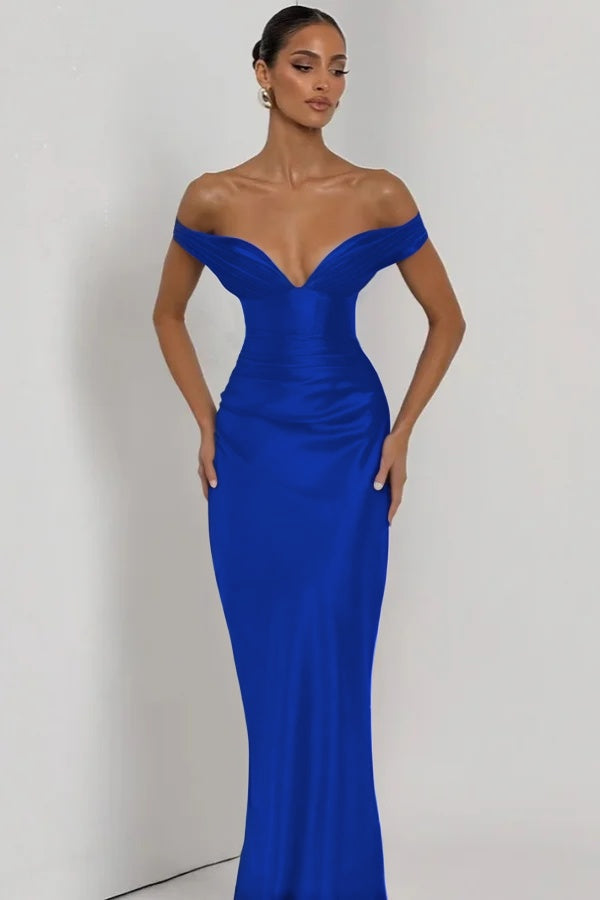 Simple Dark Nvay Off-the-Shoulder Prom Dress Sleeveless Slimming Satin