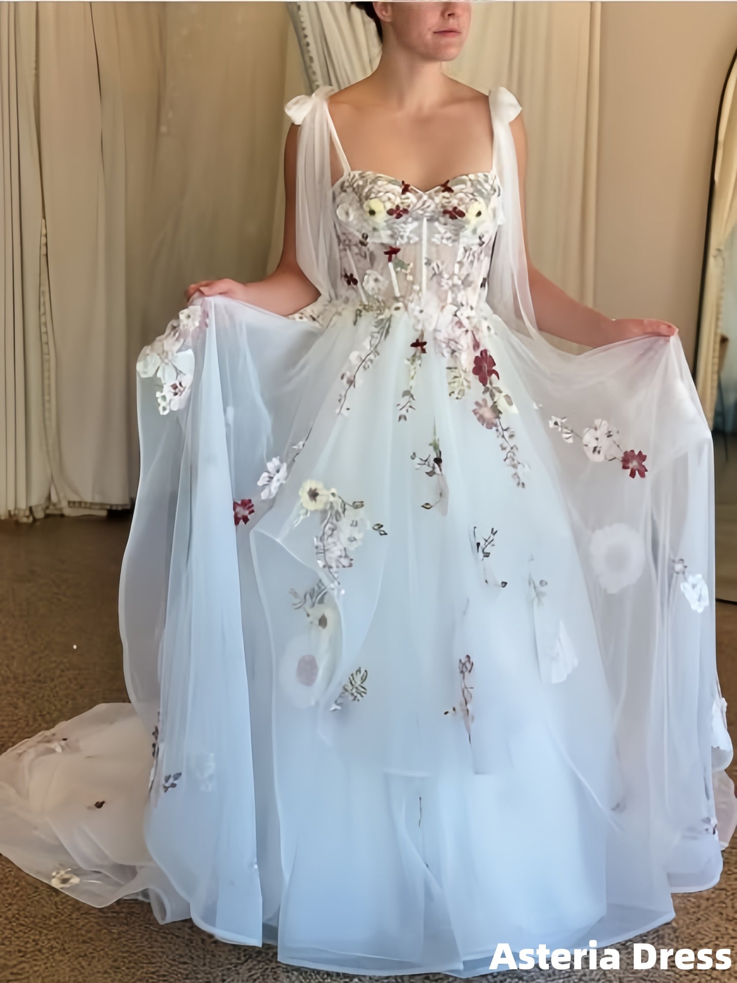 Off The Shoulder White Floral A-Line Long Prom Dress With Train
