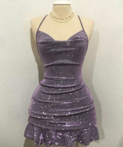 Sexy Sheath Halter Sequin Tight Grape Formal Homecoming Dresses 8Th Grad Dance Graduation Dress Short Birthday Outfits Hoco Dresses