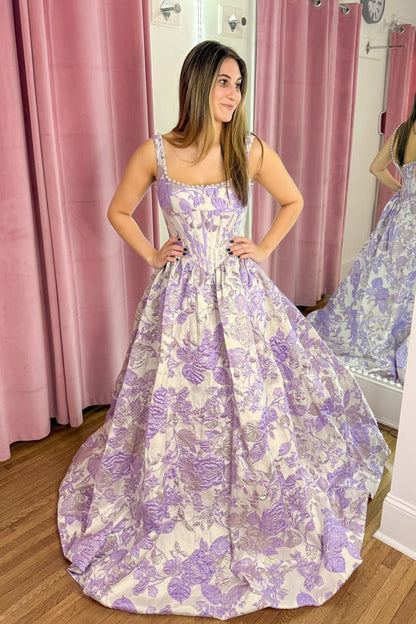 Gorgeous A Line Square Neck Lavender Jacquard Satin Long Prom Dress with Beading