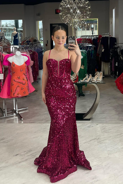 Straps Purple Sequin Long Party Dress