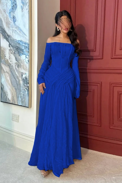 Lovely White Off-the-Shoulder Prom Dress Long Sleeves with Pleated