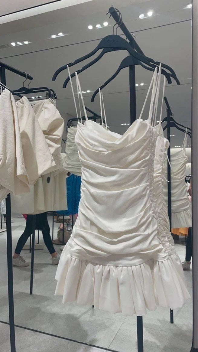 Spaghetti Straps Ivory Pleated Homecoming Dresses Tight Party Dress, AST1935