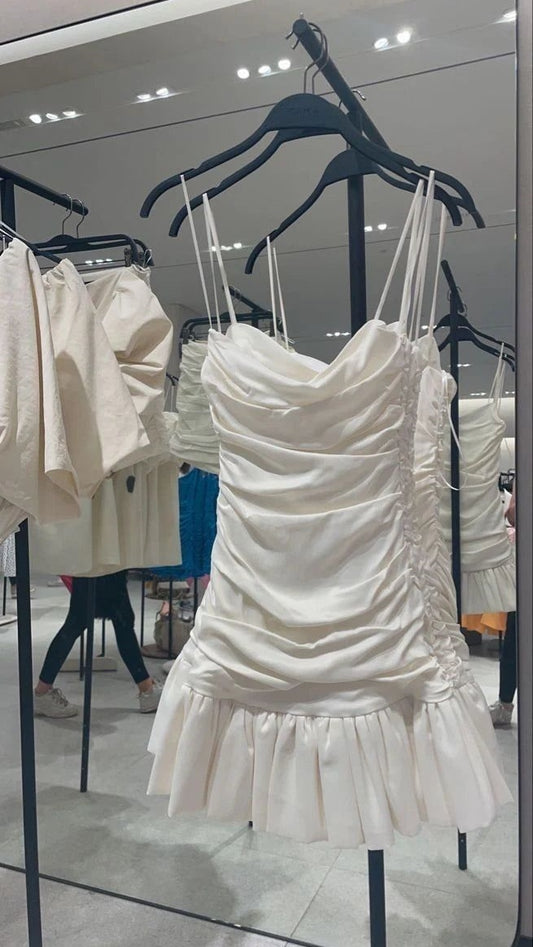 Spaghetti Straps Ivory Pleated Homecoming Dresses Tight Party Dress, AST1935