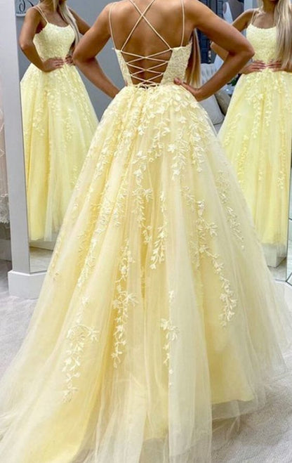 Hot Yellow Tulle Lace Long Prom Dress - Party Evening Gown