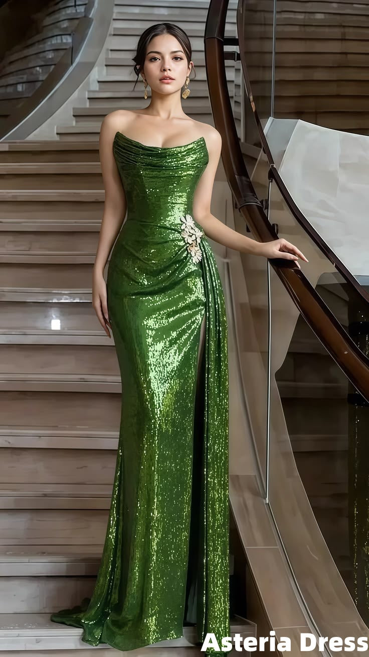 Classic Green Strapless Mermaid Prom Dress Sequins Evening Formal Gown With Slit