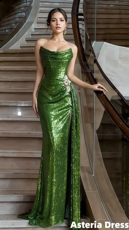 Classic Green Strapless Mermaid Prom Dress Sequins Evening Formal Gown With Slit
