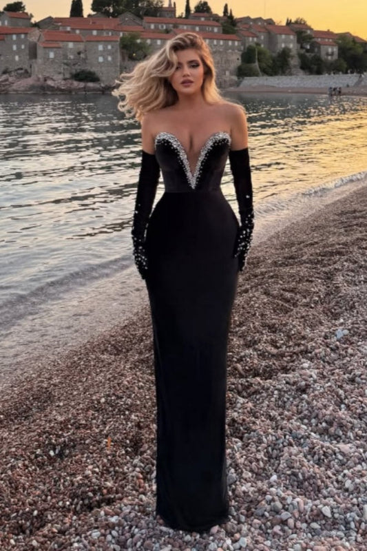 Elegant Black Strapless Sweetheart mermaid Prom Dress  with Sequins
