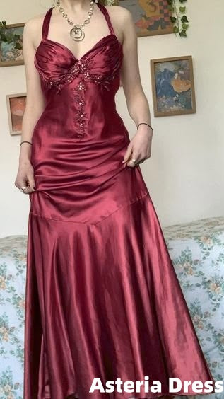 Halter A-Line Satin Long Prom Dress Vintage Formal Party Dress