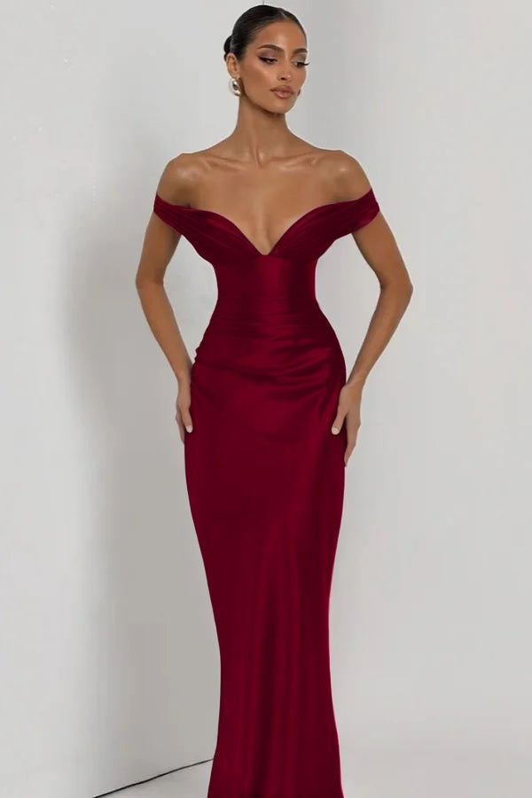 Simple Dark Nvay Off-the-Shoulder Prom Dress Sleeveless Slimming Satin