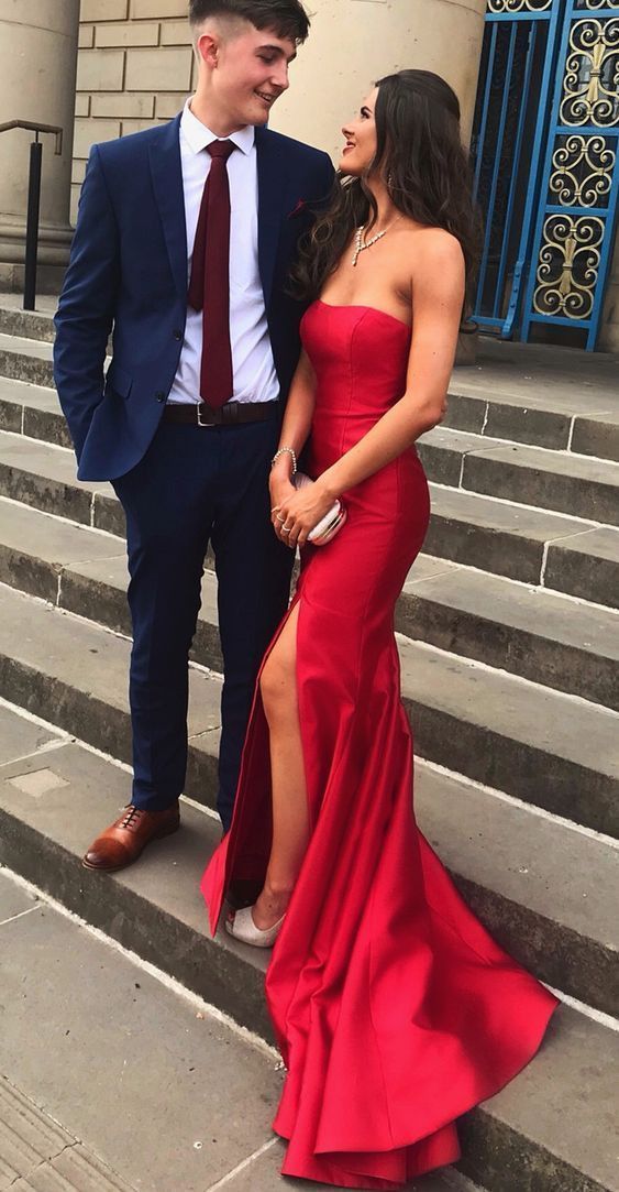 long prom dresses, strapless mermaid red prom dresses with slit