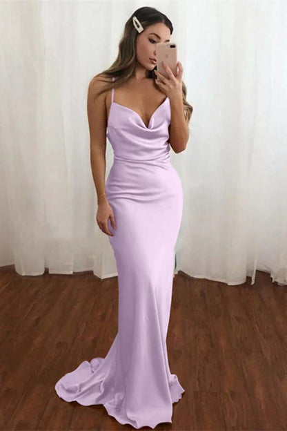 Elegant DustySpaghetti Strap V-Neck Mermaid Pleated Prom Dress