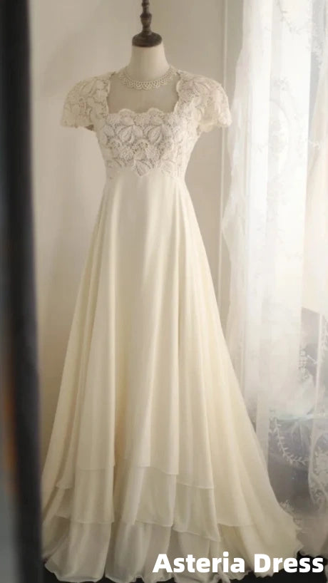 Beige Square Neck Chiffon Lace Empire Dress Long Prom Dress Beaded Wedding Dress
