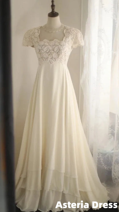 Beige Square Neck Chiffon Lace Empire Dress Long Prom Dress Beaded Wedding Dress