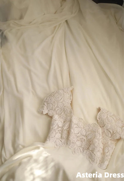 Beige Square Neck Chiffon Lace Empire Dress Long Prom Dress Beaded Wedding Dress