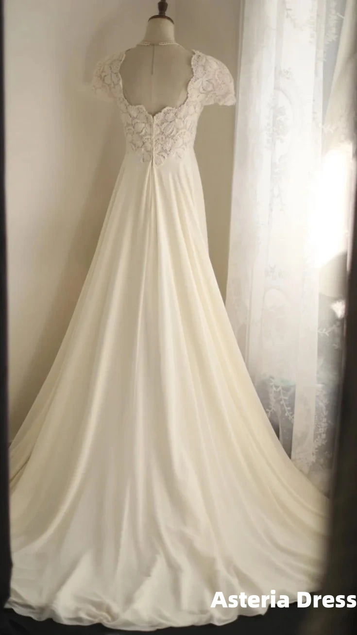 Beige Square Neck Chiffon Lace Empire Dress Long Prom Dress Beaded Wedding Dress