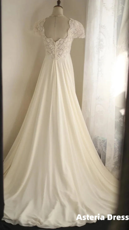 Beige Square Neck Chiffon Lace Empire Dress Long Prom Dress Beaded Wedding Dress