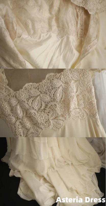 Beige Square Neck Chiffon Lace Empire Dress Long Prom Dress Beaded Wedding Dress