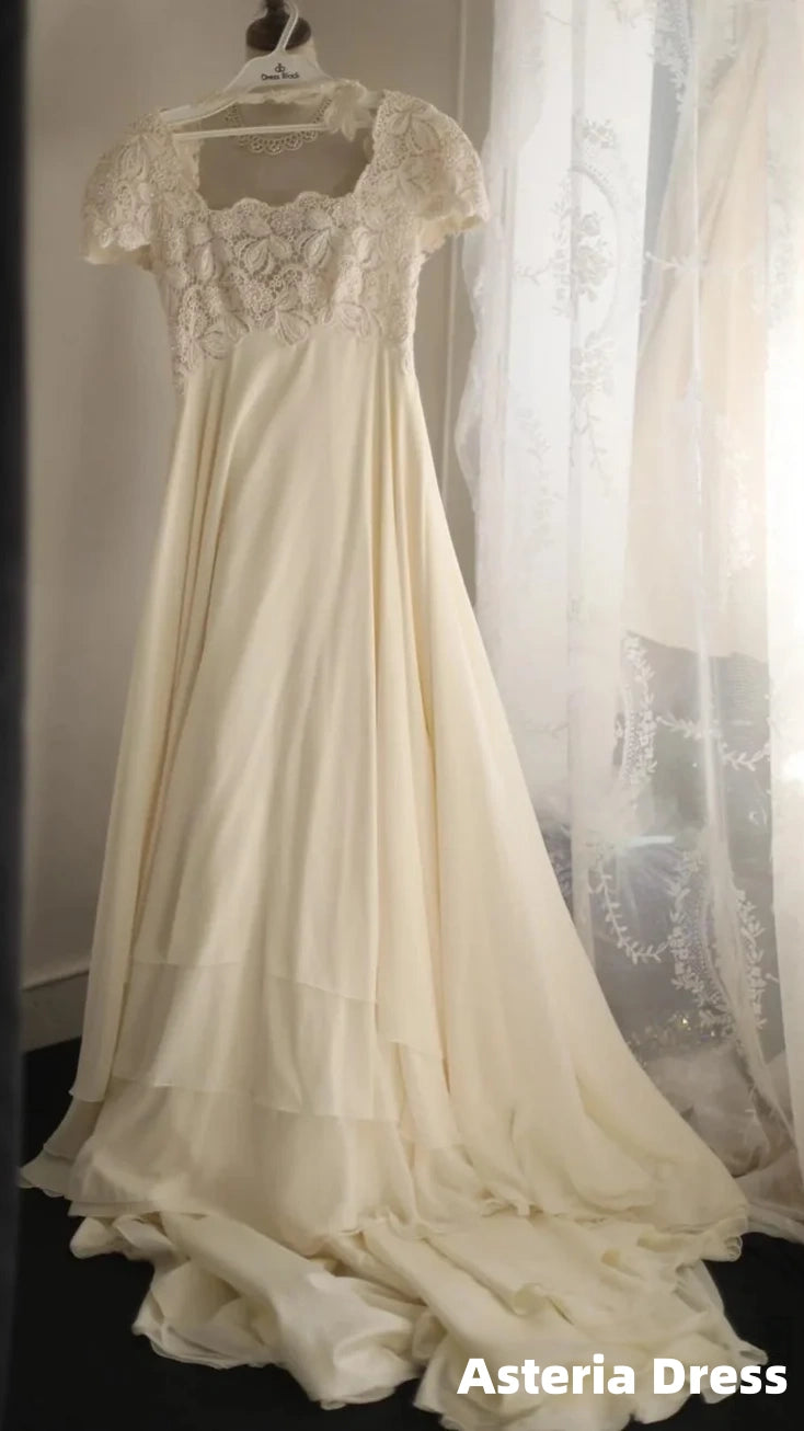 Beige Square Neck Chiffon Lace Empire Dress Long Prom Dress Beaded Wedding Dress