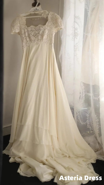 Beige Square Neck Chiffon Lace Empire Dress Long Prom Dress Beaded Wedding Dress