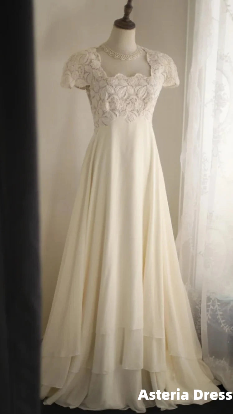 Beige Square Neck Chiffon Lace Empire Dress Long Prom Dress Beaded Wedding Dress