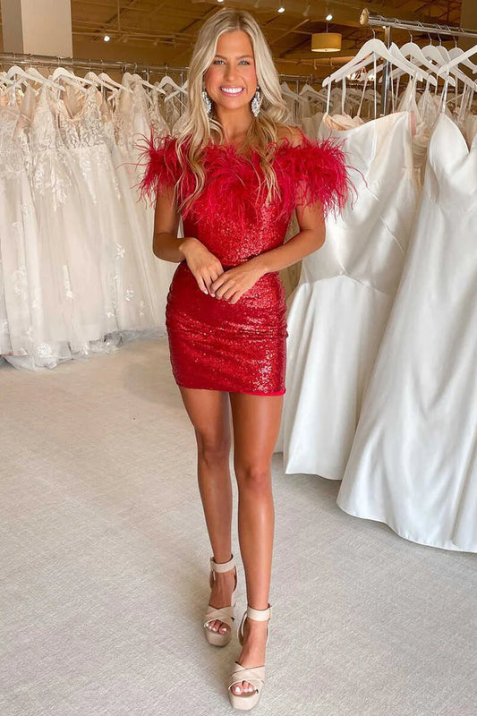 Red Off-the-Shoulder Feathered Bodycon Mini Homecoming Dress, AST1102